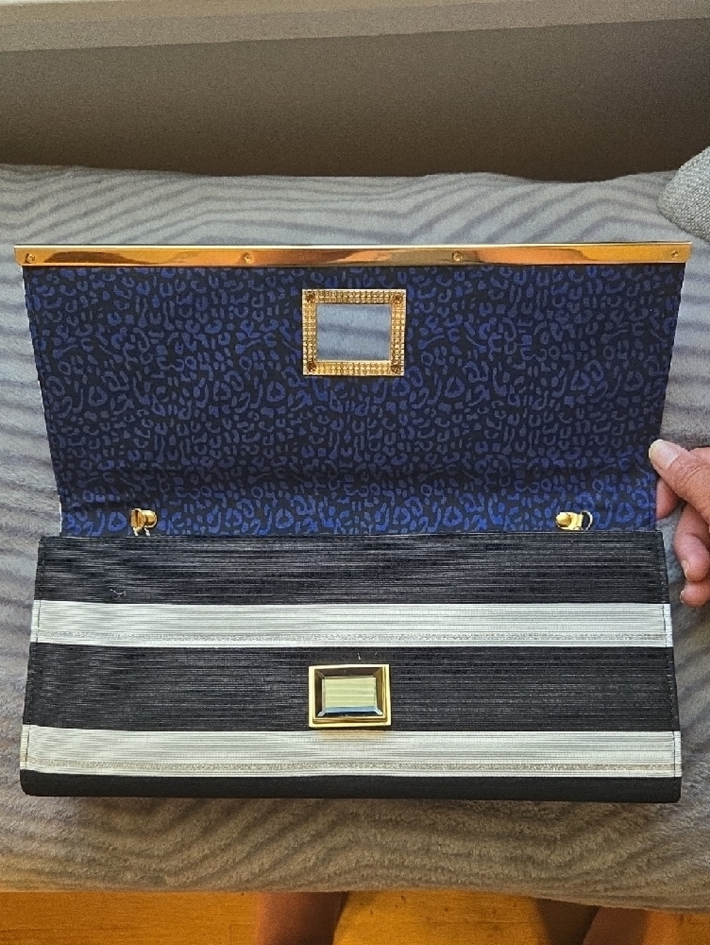 Striped Black and Cream Clutch with Gold Accent 🖤🤍 - Picture 3 of 11